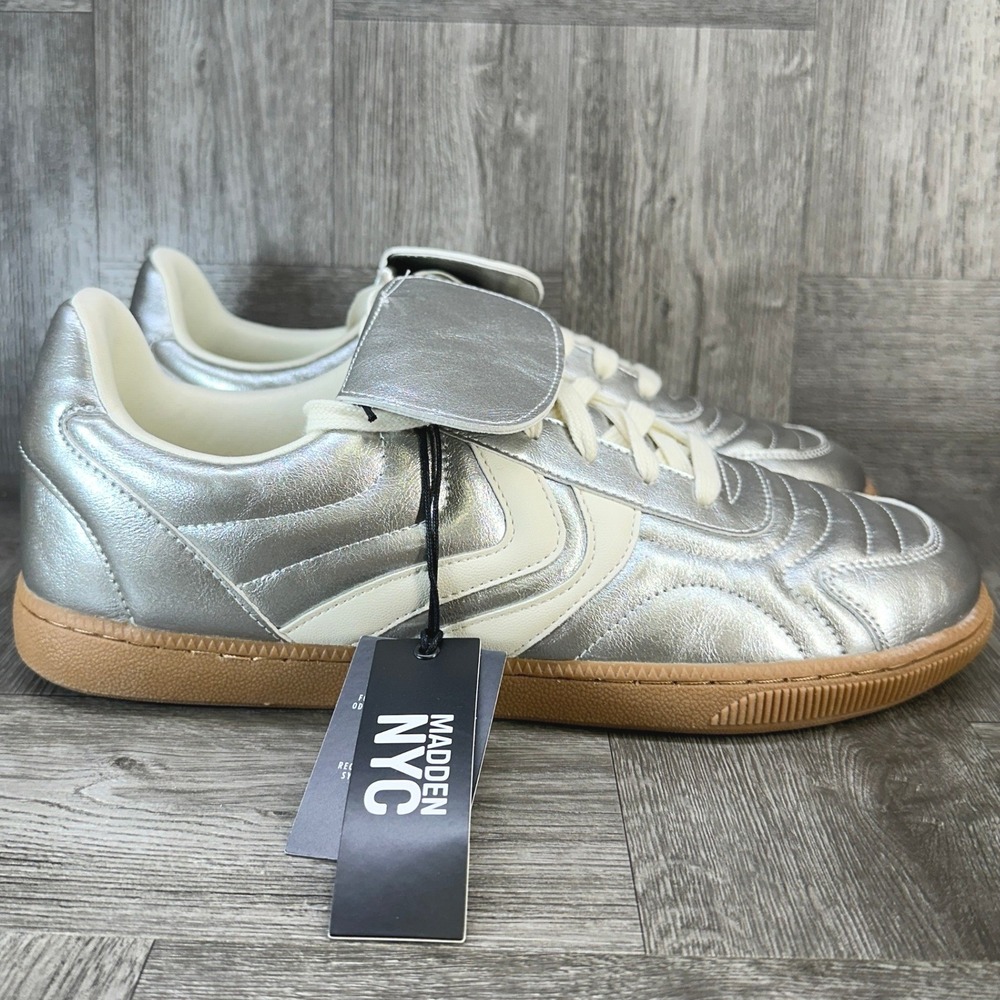 Madden NYC Soccer Sneakers Women 11 Silver Metallic Retro Gum Sole NWT